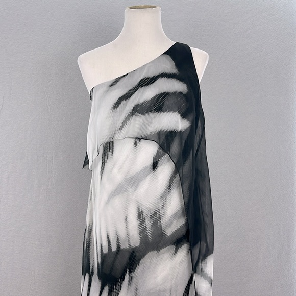 Halston Heritage women one shoulder tie-dye long caftan‎ dress gray/black size 4 - Picture 4 of 13